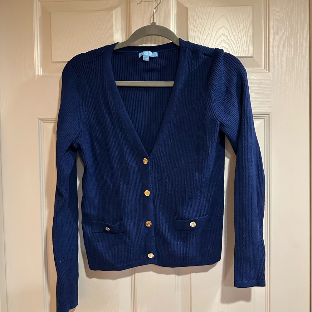 Draper James Navy Cardigan with Gold Accents